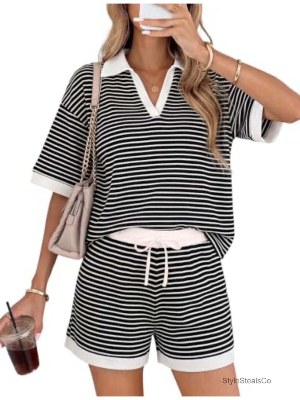 Women's 2 Piece Shorts Set Striped Waffle Knit Matching Outfit V-Neck - Picture 1 of 5